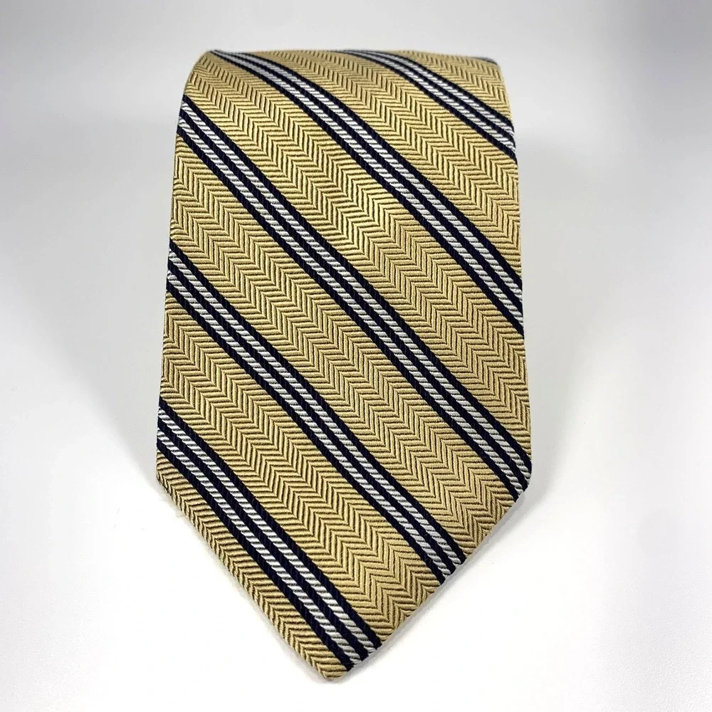 Vintage Brooks Brothers Makers Mens Tie Gold‎ & Blue Striped 100% Silk Repp